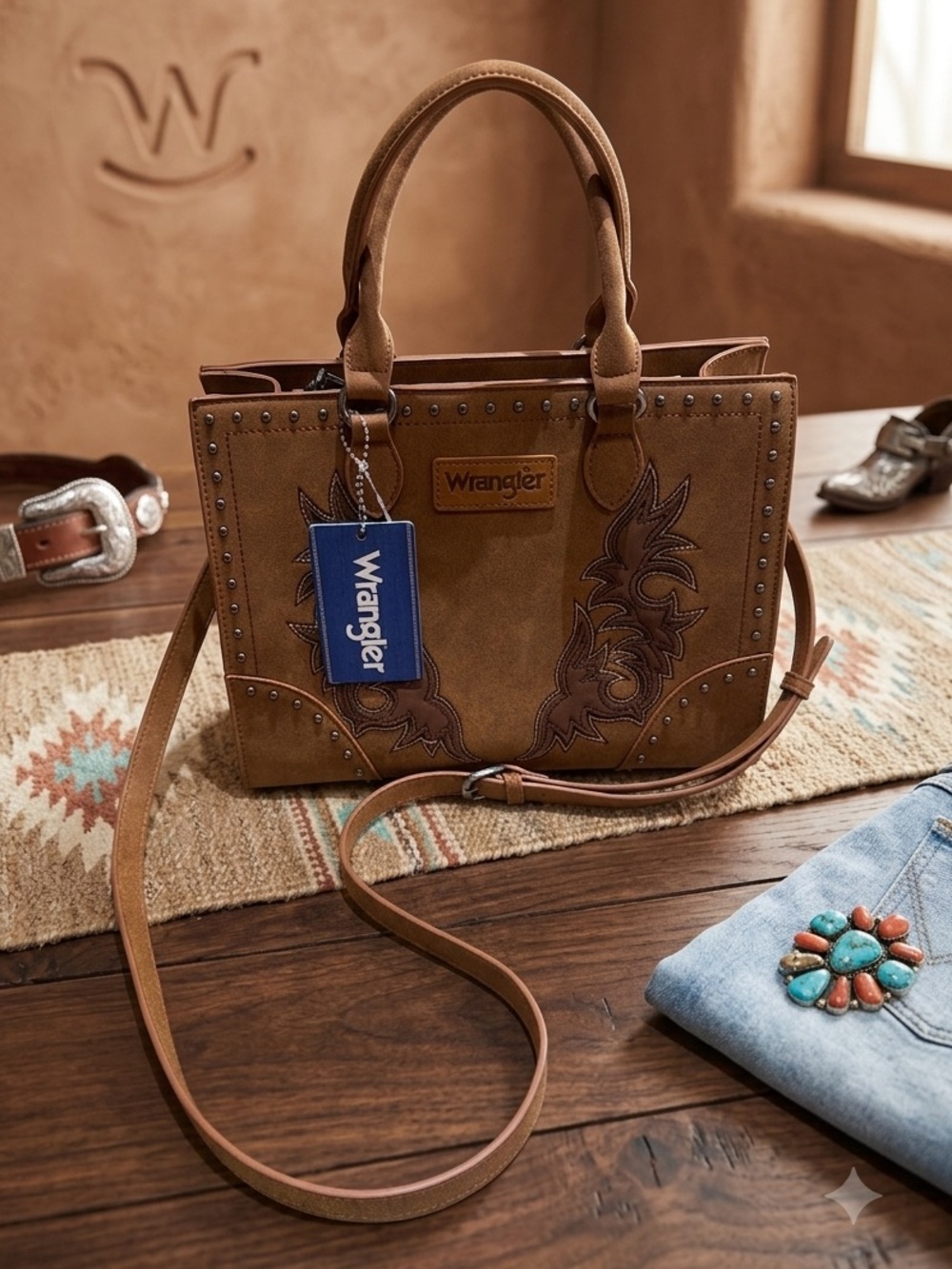 Wrangler Brown Western-Style Studded Handle/Crossbody Bag